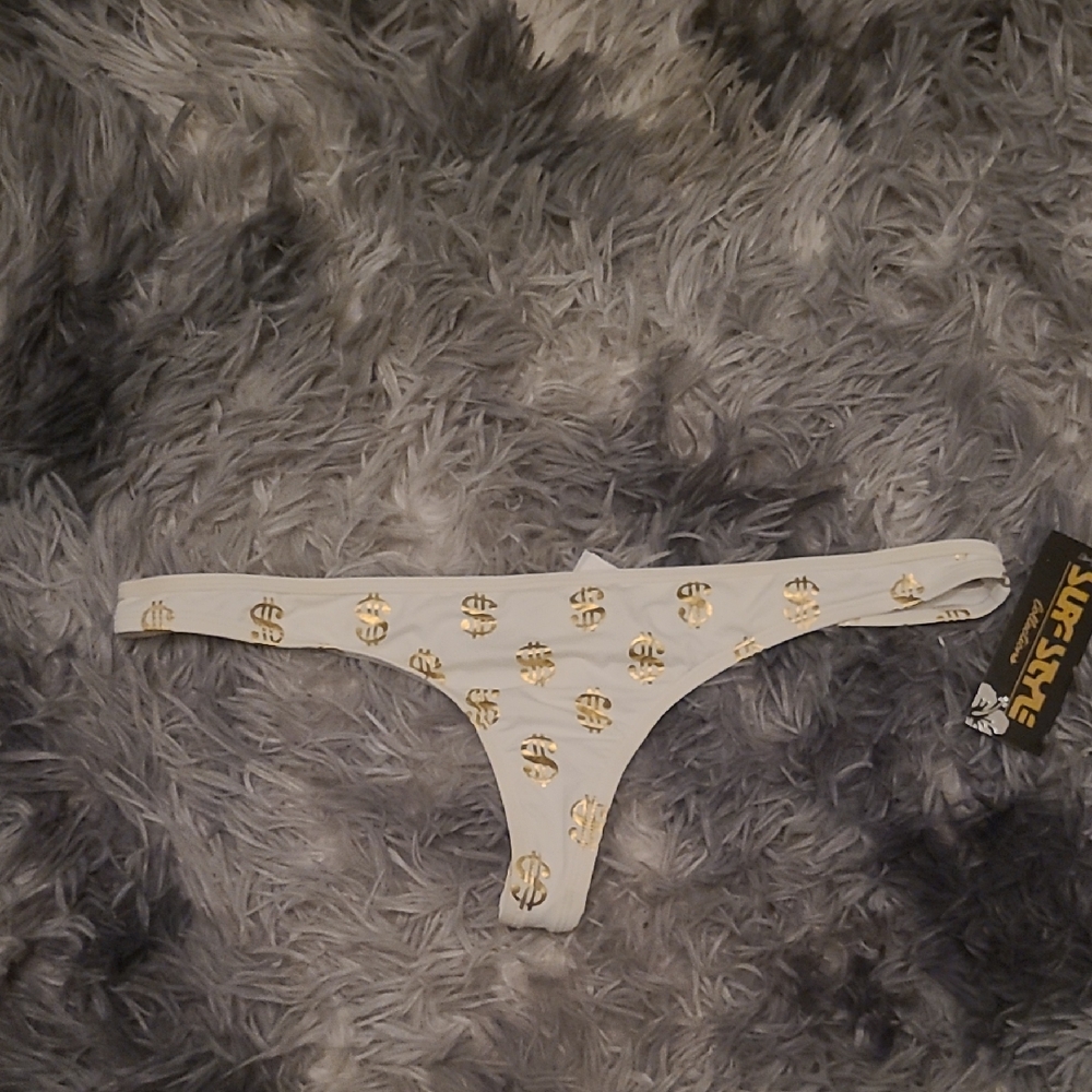 Dollar Sign White Thong Bikini with Gold Print